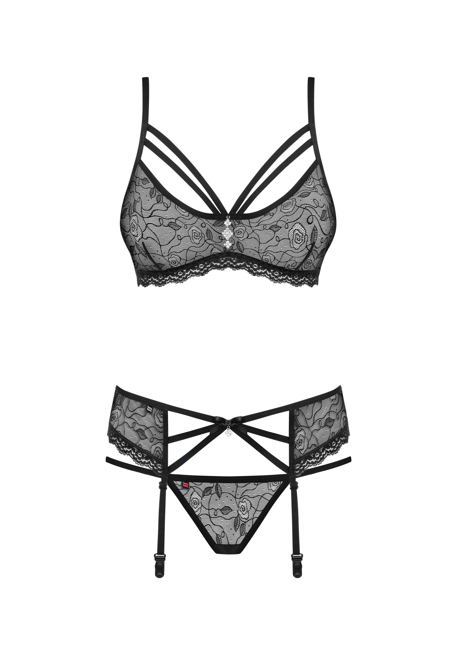 Obsessive - 818-SEG-1 玫瑰葉紋束帶情趣內衣3件套 (S/M/L/XL)