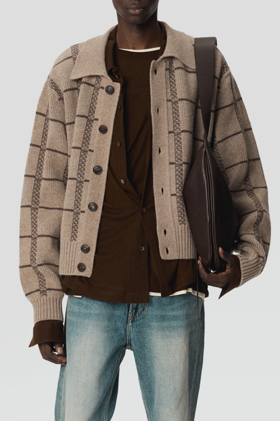 RECTO｜JAQUARD 翻領格紋提花針織外套