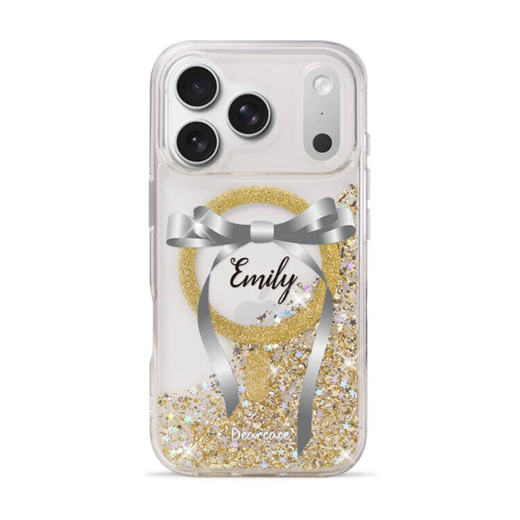 氣質蝴蝶結緞帶(灰) 香檳金貝拉殼 (MagSafe) - (訂製名字) iPhone客製化手機殼