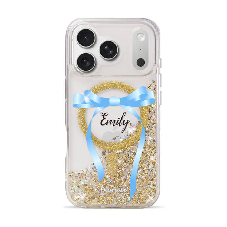 氣質蝴蝶結緞帶(藍) 香檳金貝拉殼 (MagSafe) - (訂製名字) iPhone客製化手機殼