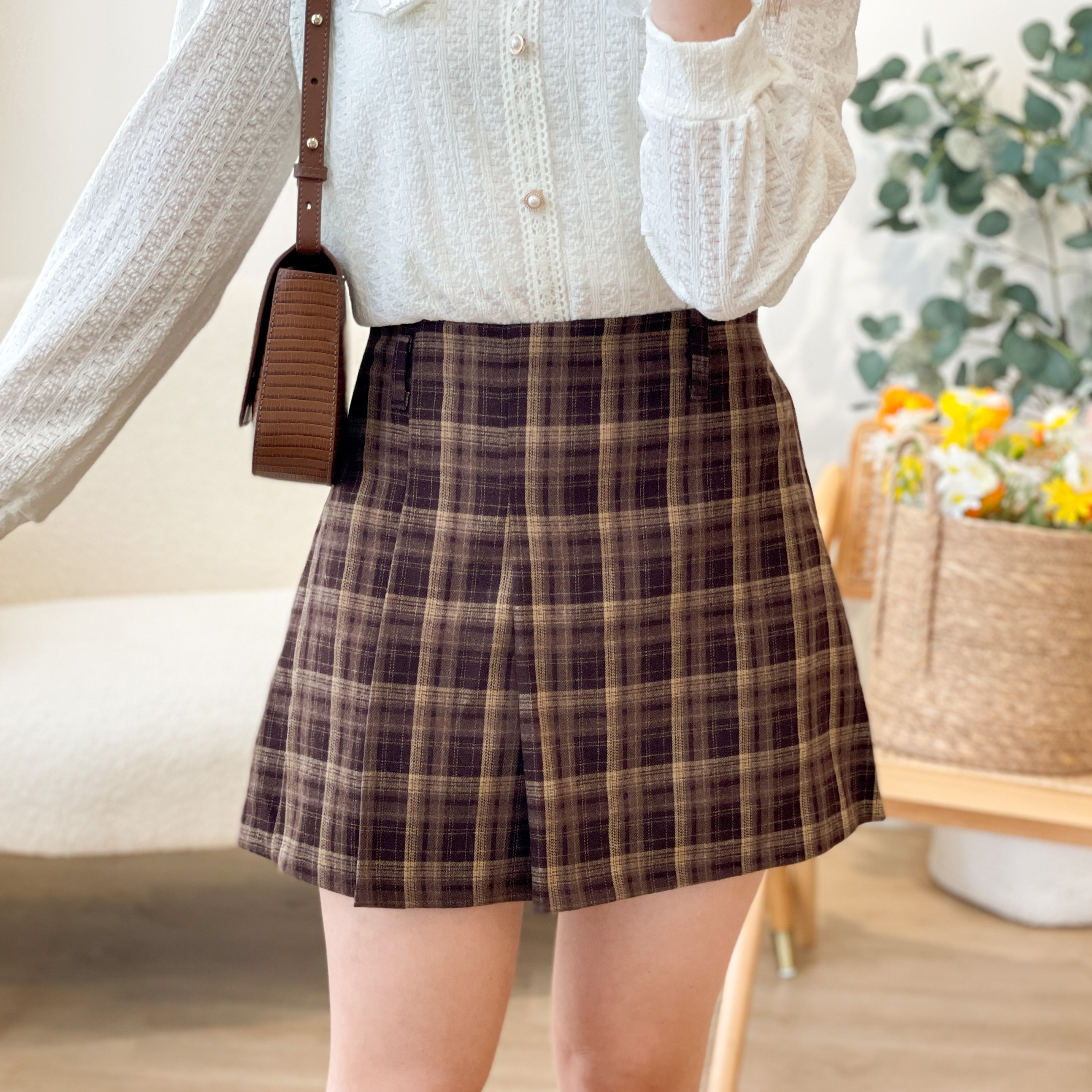 SK569 Caramel Checkered Mini Skirt