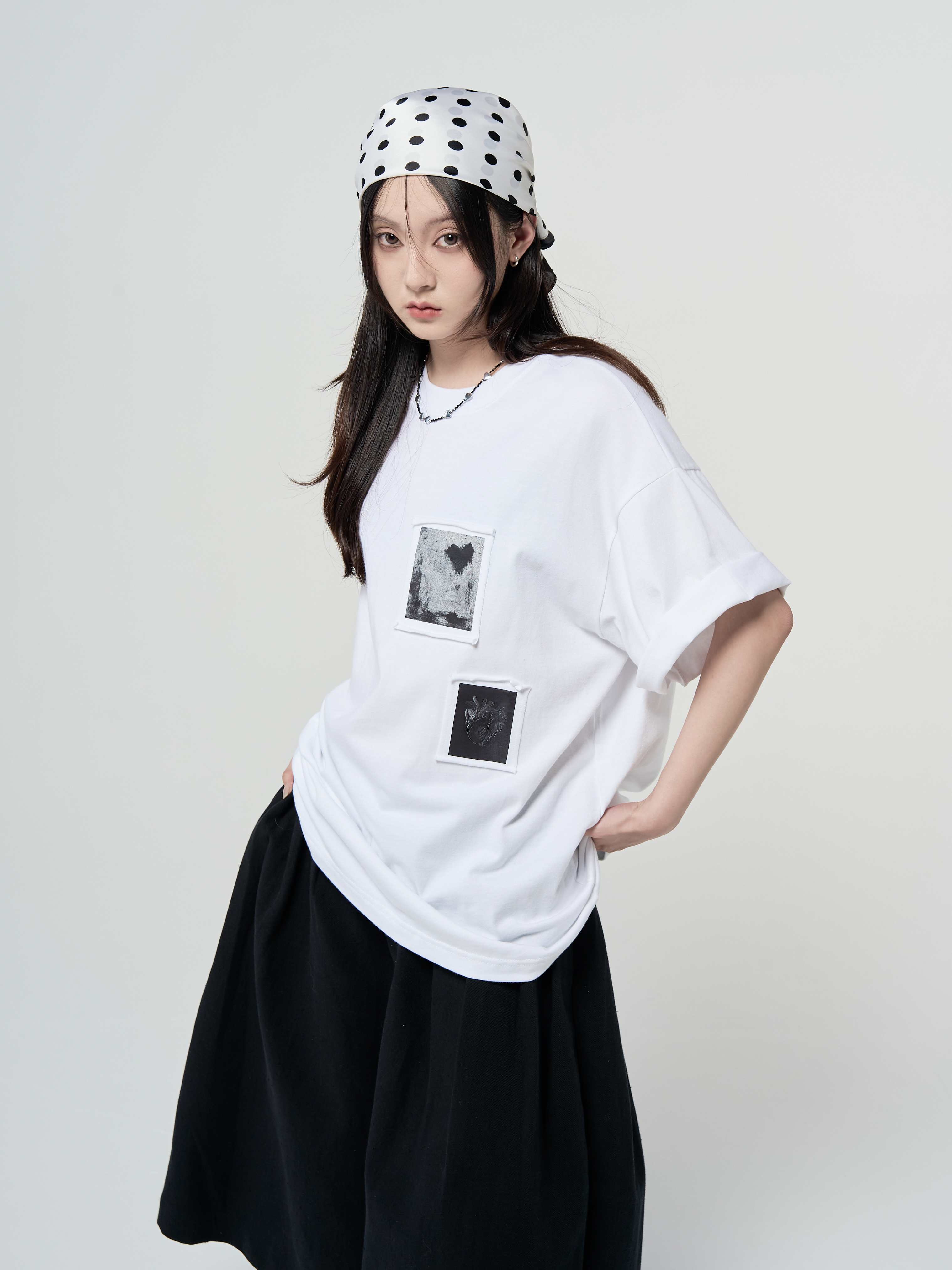 PALXINN貼布愛心純棉短袖-白