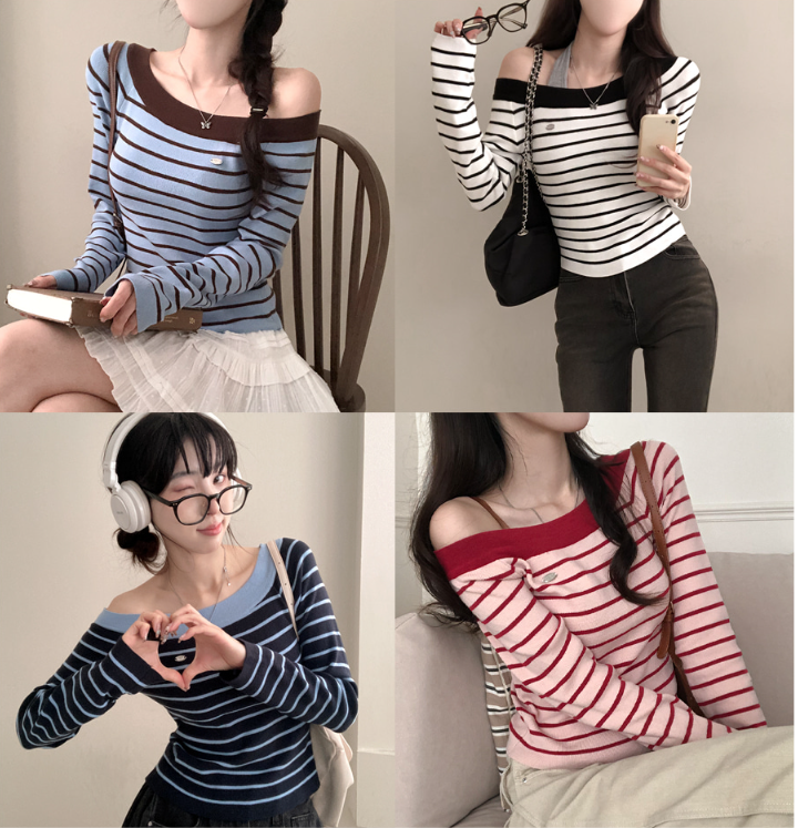 早秋預訂｜STRIPE吊墜露肩針織衫