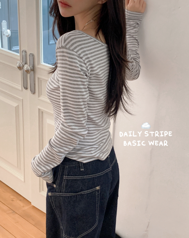 早秋預訂｜Rose U NECK STRIPE長袖T 恤