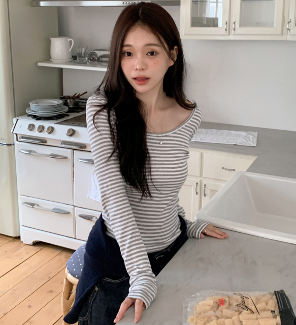 早秋預訂｜Rose U NECK STRIPE長袖T 恤