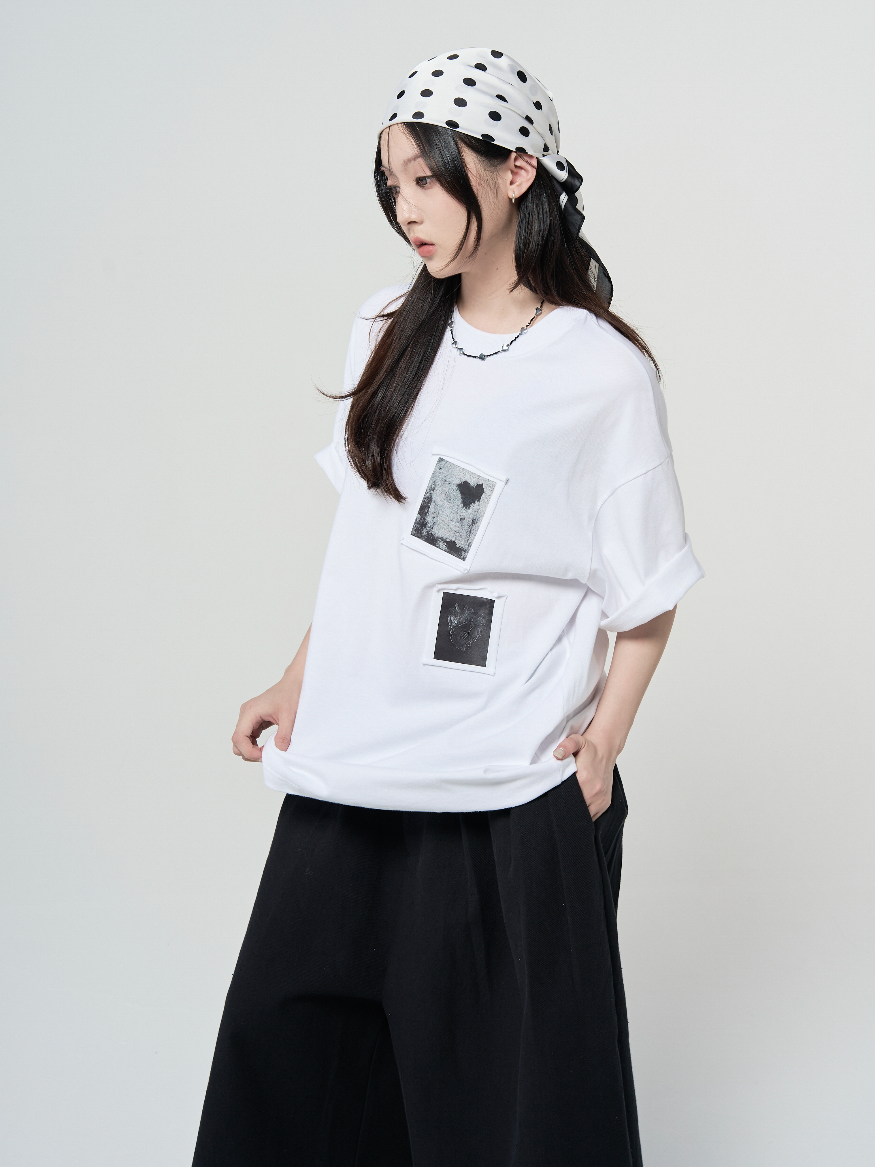 PALXINN貼布愛心純棉短袖-白