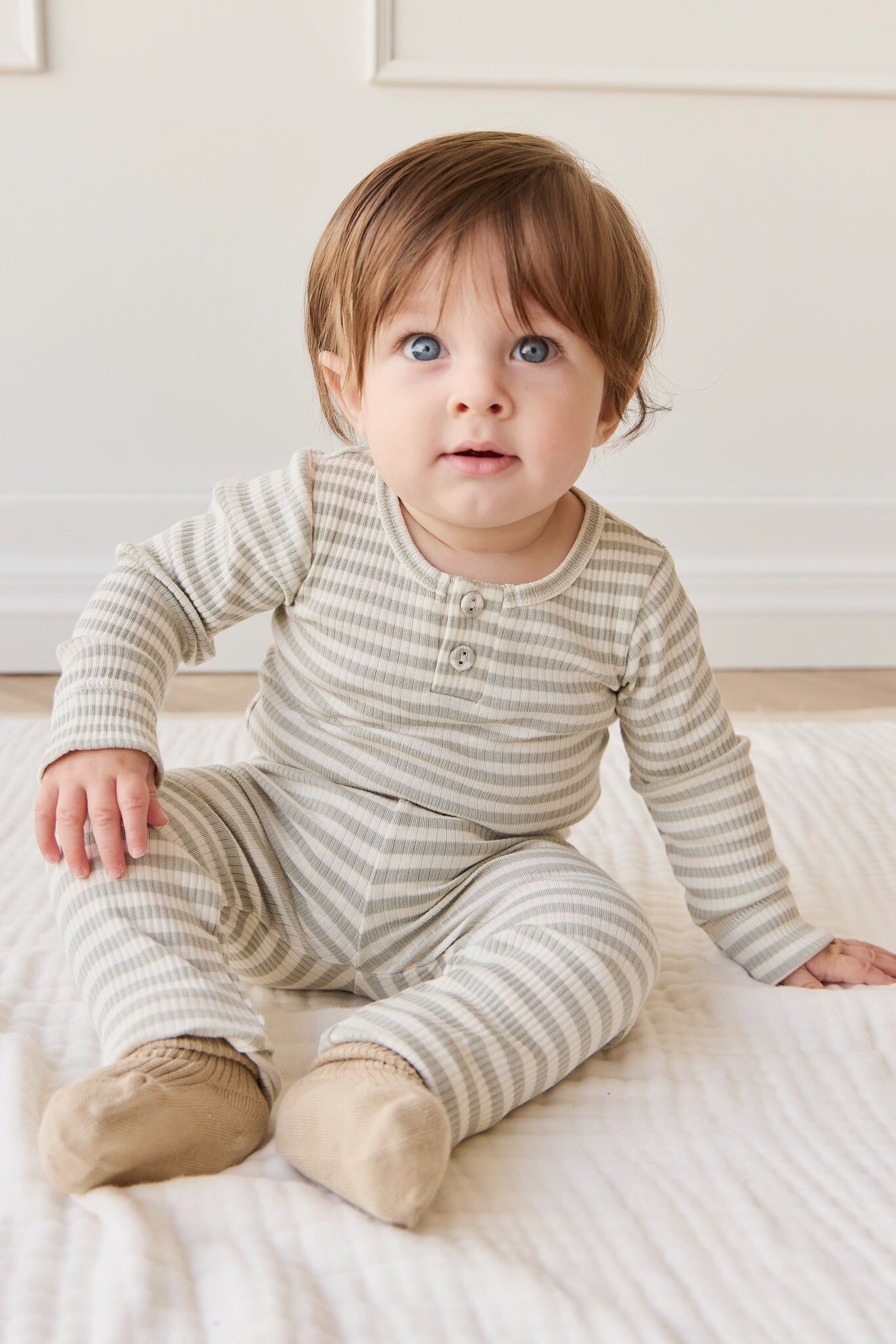 【預購】JAMIE KAY - Organic Cotton Modal Long Sleeve Bodysuit（Slim Stripe Raindance/Cloud)