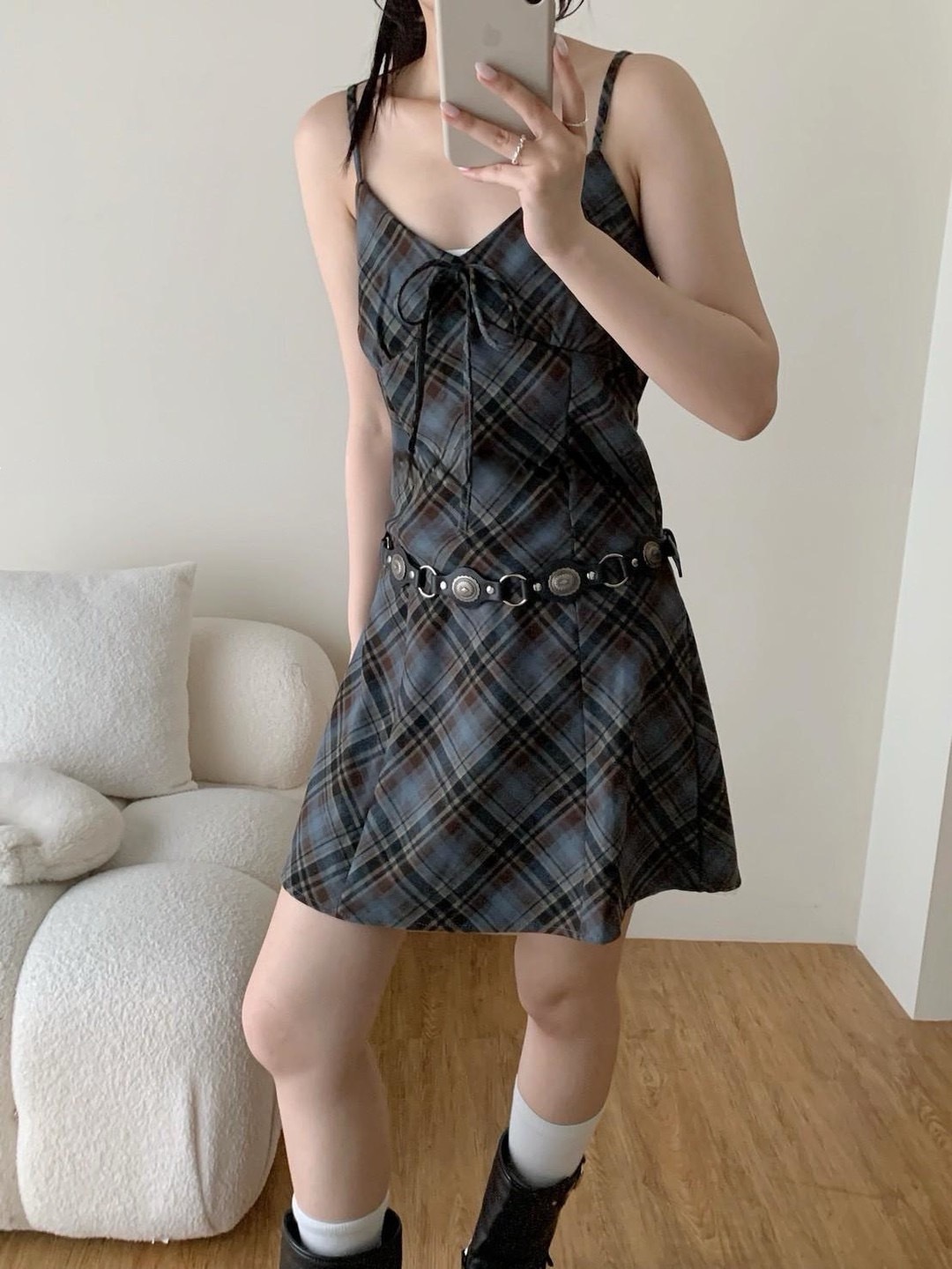 韓系 菱格紋細肩短洋裝