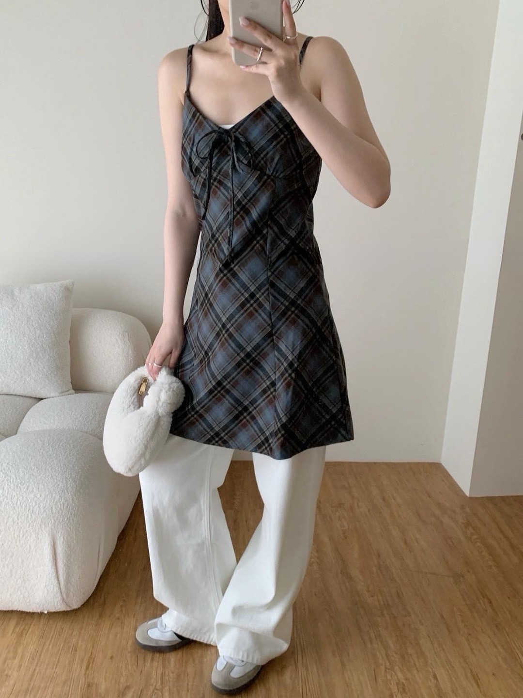韓系 菱格紋細肩短洋裝