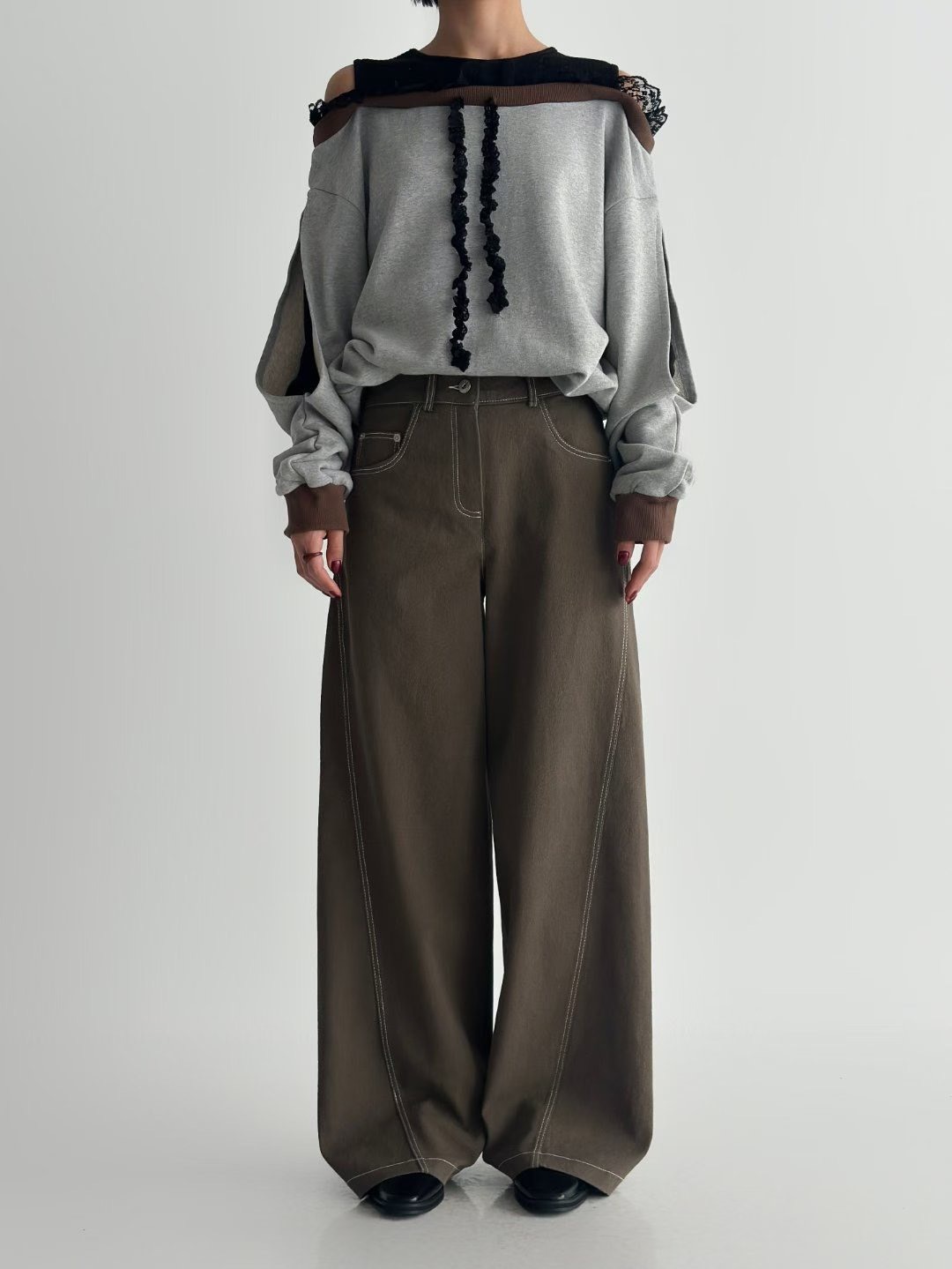 斜車線後腰鬆緊長褲