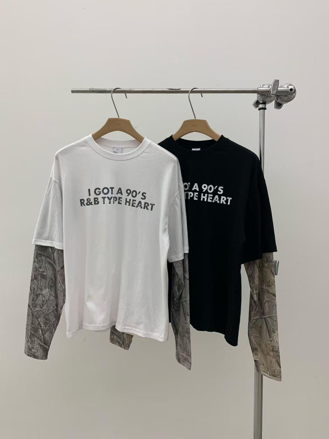 英文字假兩件樹紋袖長袖衫 EASY-089T