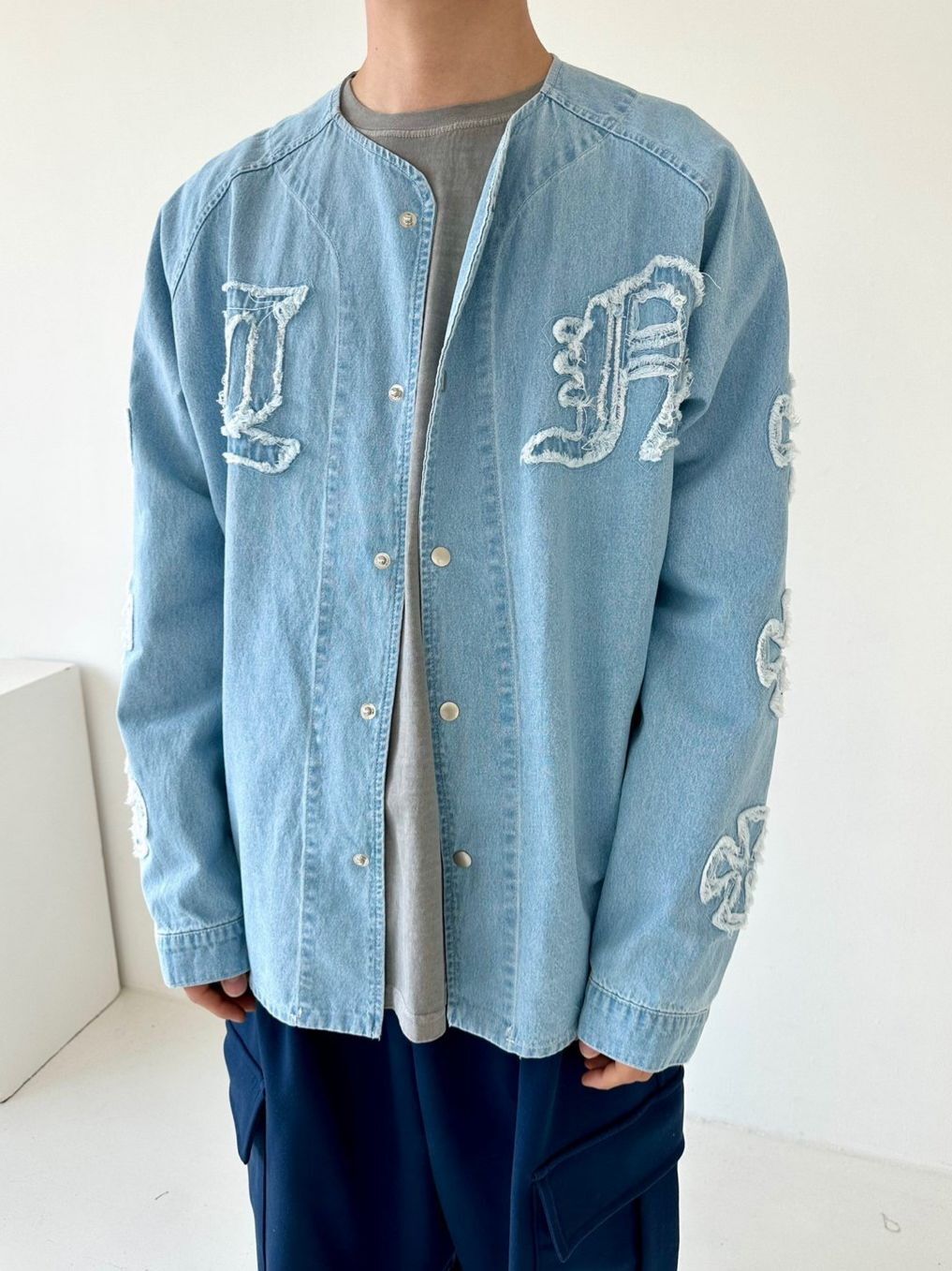 英文字牛仔開胸外套 LANE-064JK