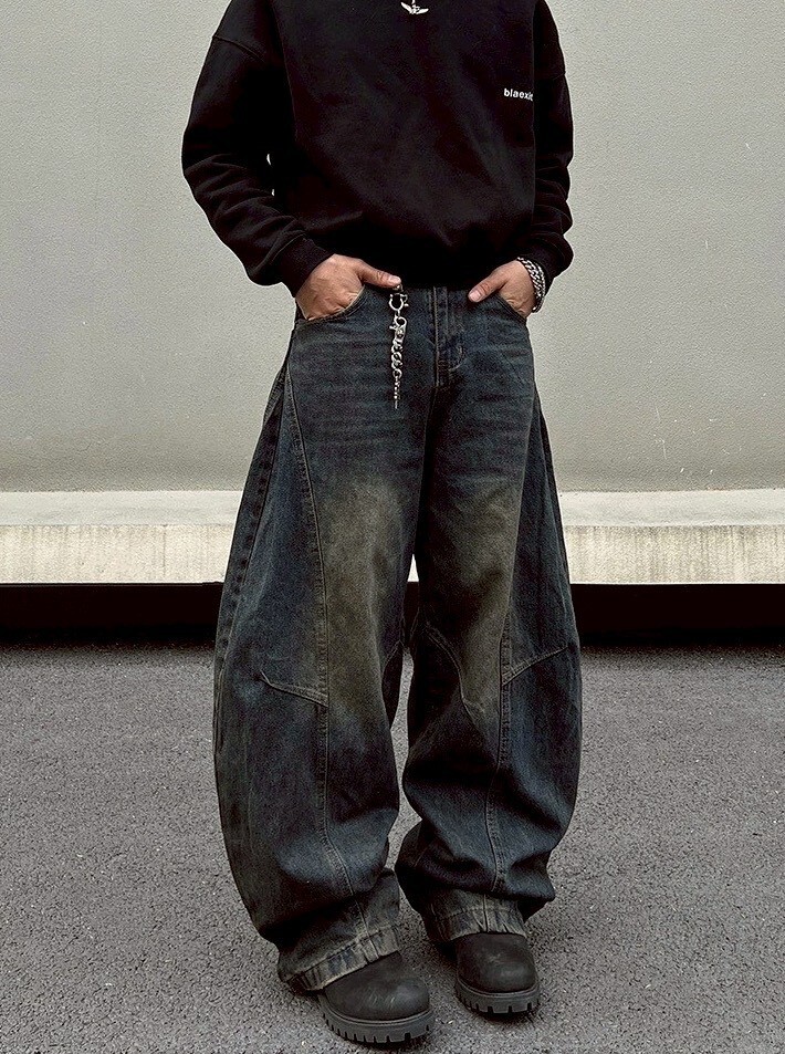 復古刷舊斜線 彎刀牛仔褲