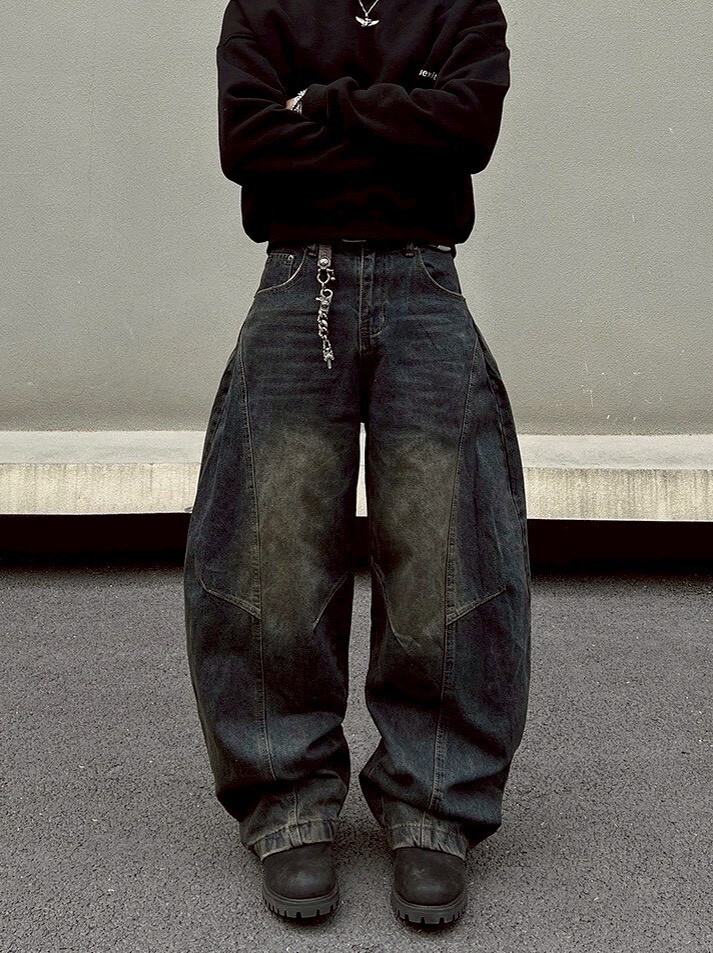 復古刷舊斜線 彎刀牛仔褲