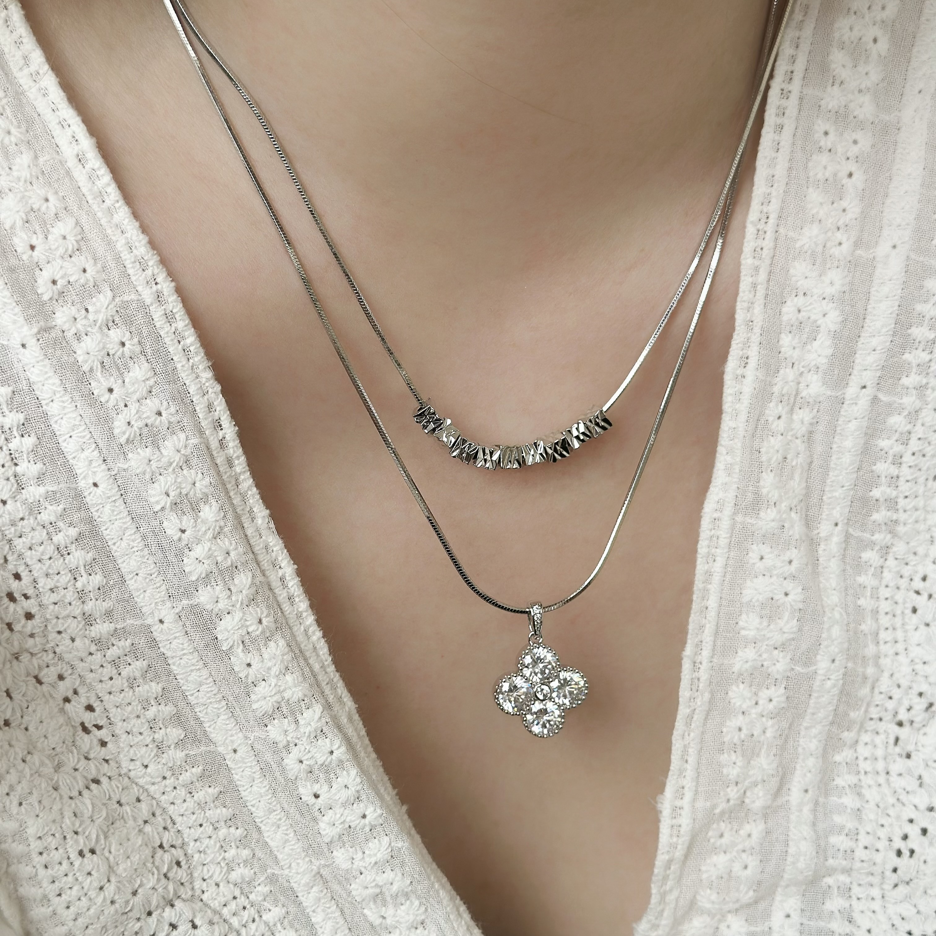 D76切割方塊鋯石四葉草雙層頸鏈