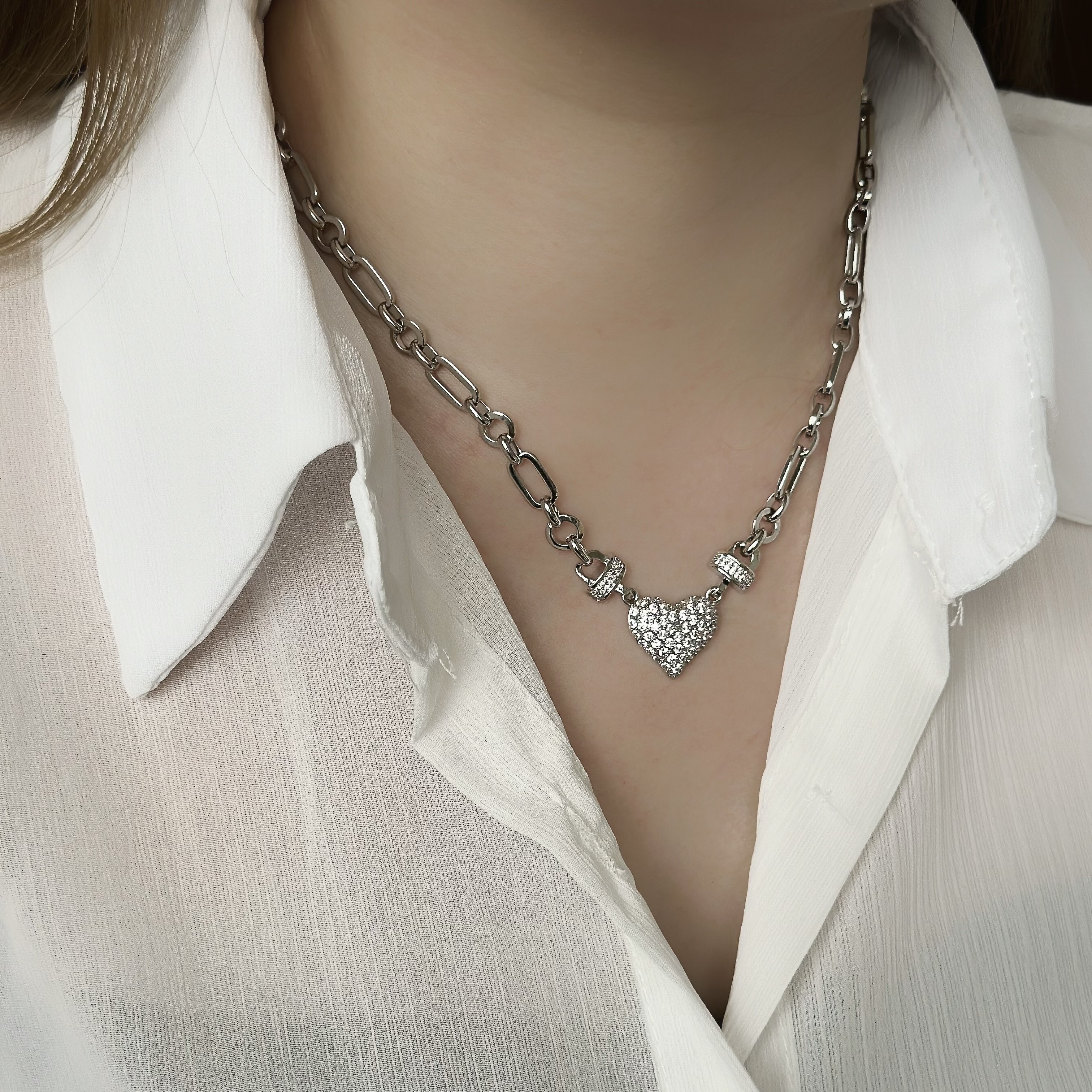 D68滿鑽愛心鏈條頸鏈