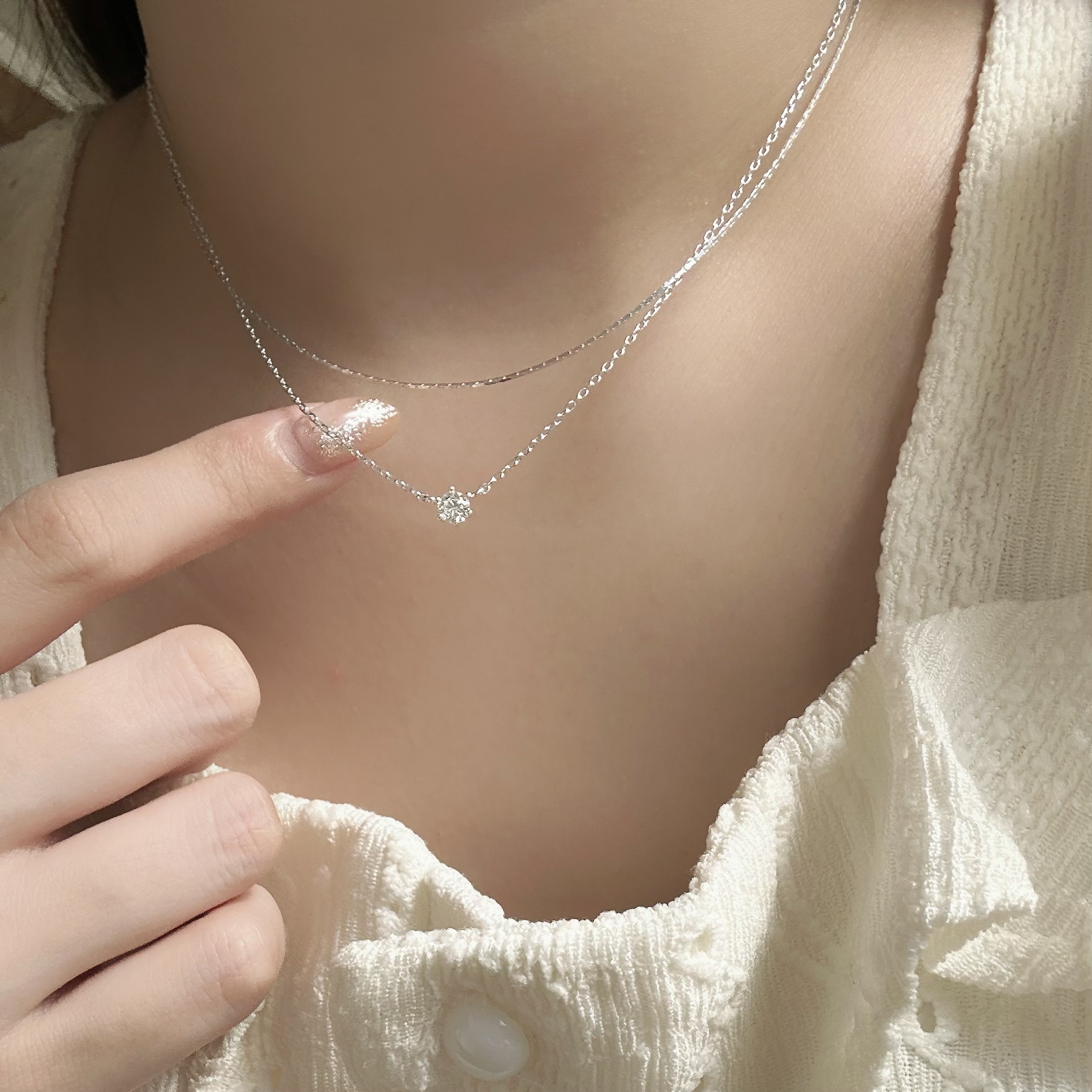 Y139黎月．單鑽雙層純銀項鍊