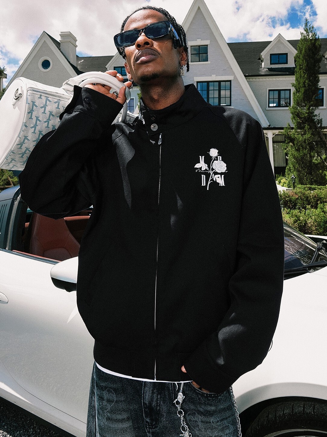 MEDM 黑白玫瑰刺繡 哈靈頓休閒夾克 外套