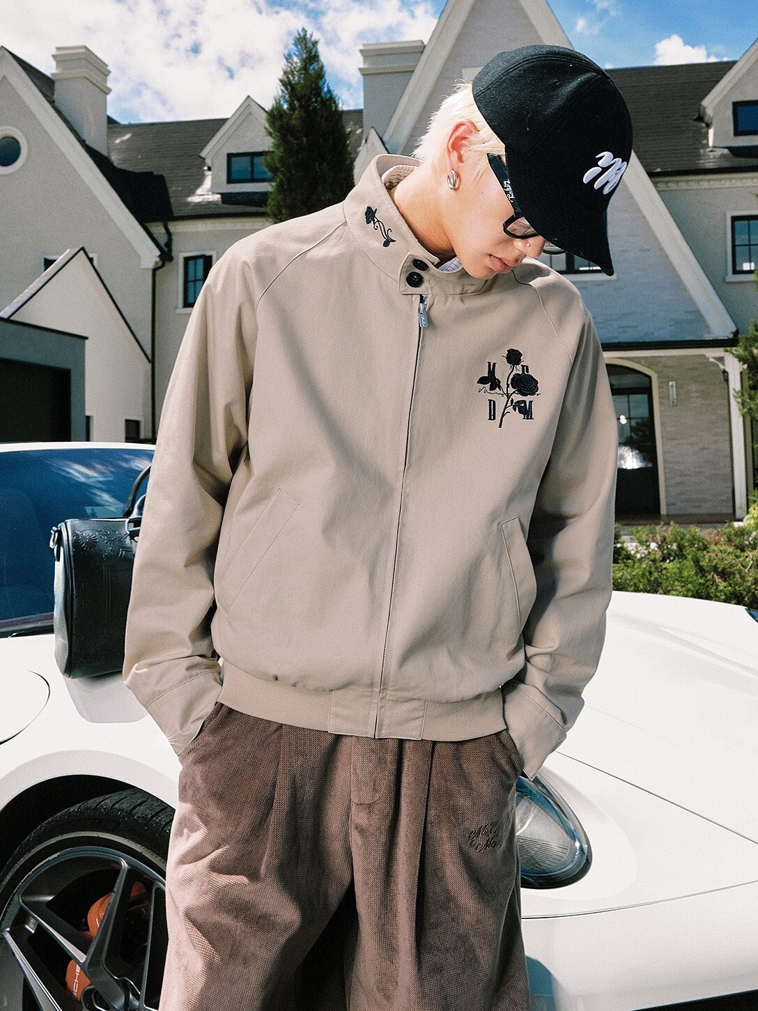 MEDM 黑白玫瑰刺繡 哈靈頓休閒夾克 外套