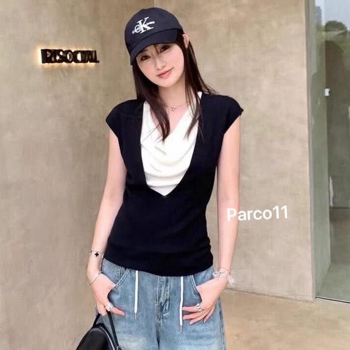 【簡約百搭的假兩件針織垂領上衣】（現貨）