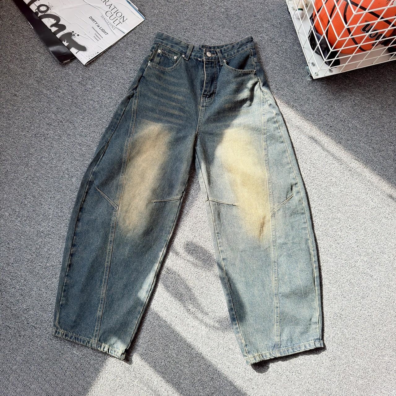 斜橫車線刷舊彎刀褲 81046