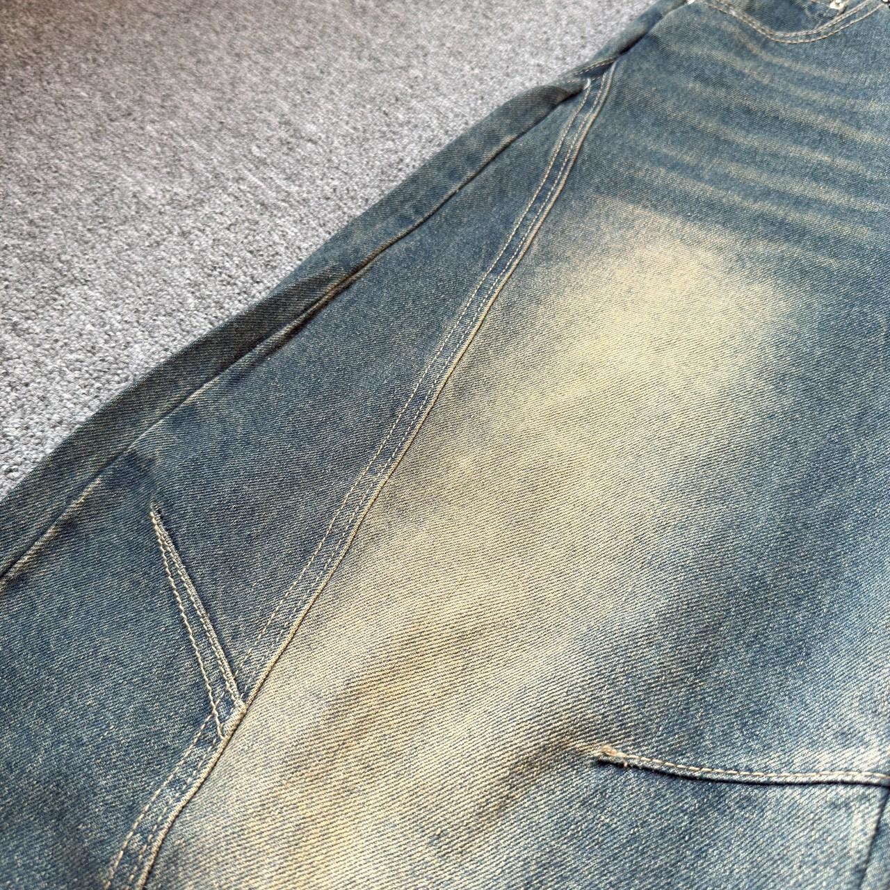 斜橫車線刷舊彎刀褲 81046