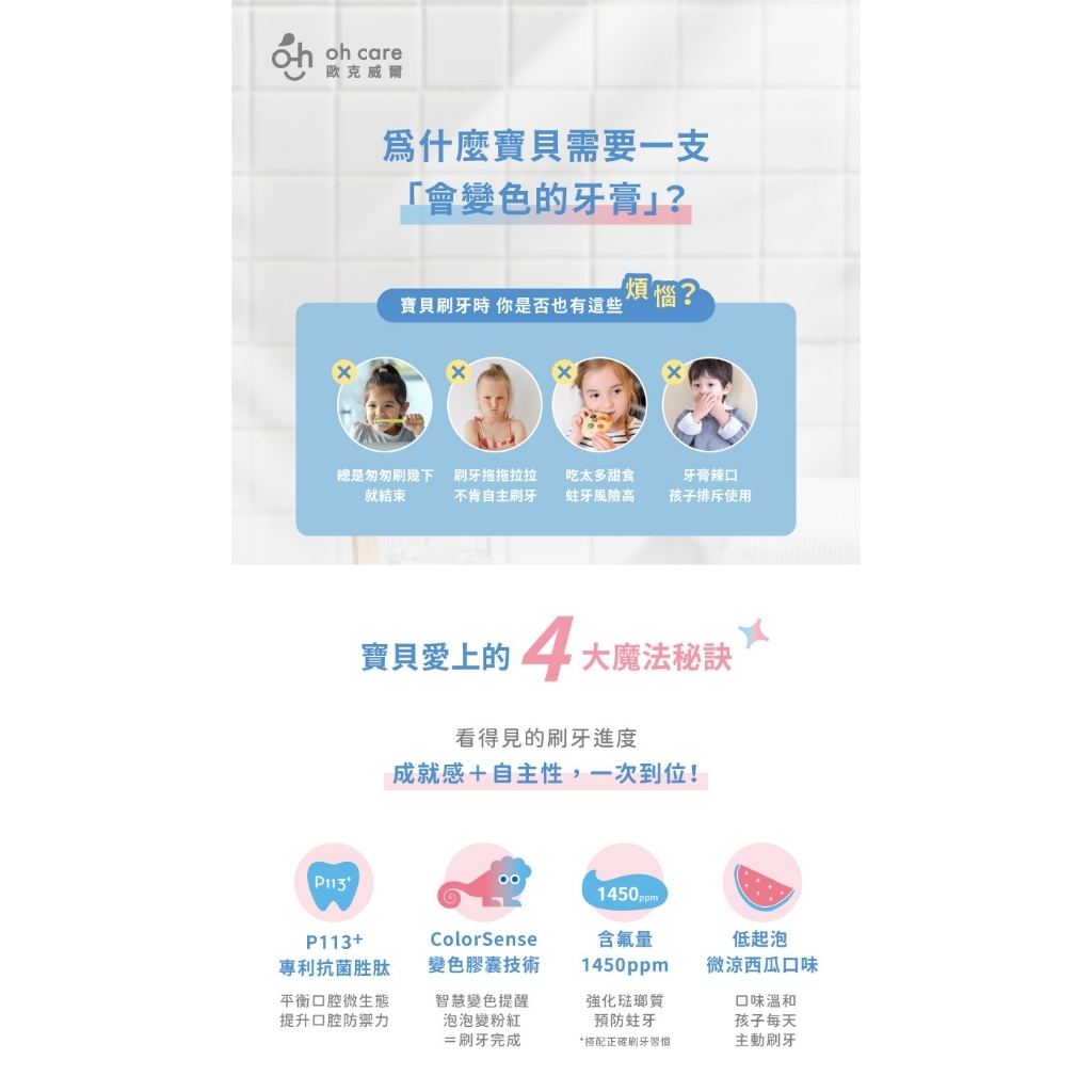 台灣 oh care 歐克威爾 兒童防蛀變色牙膏 70g 獨家專利P113+抗菌胜肽 含氟量1450p