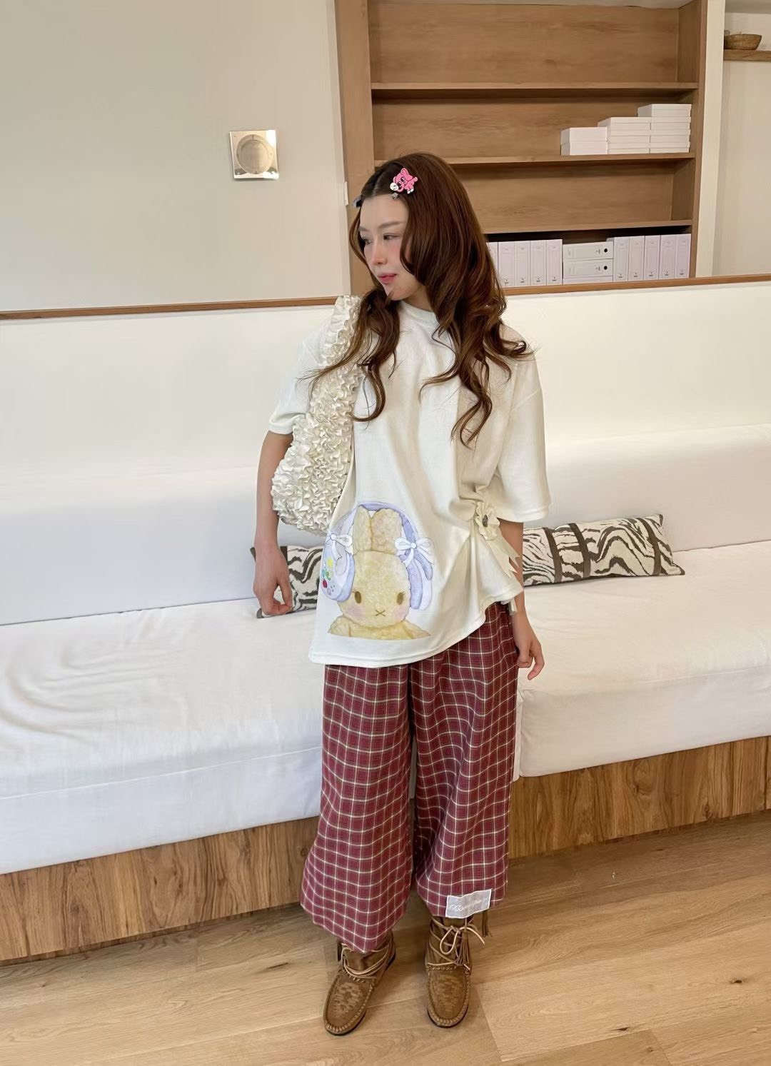 荷葉蕾絲褲頭格子褲