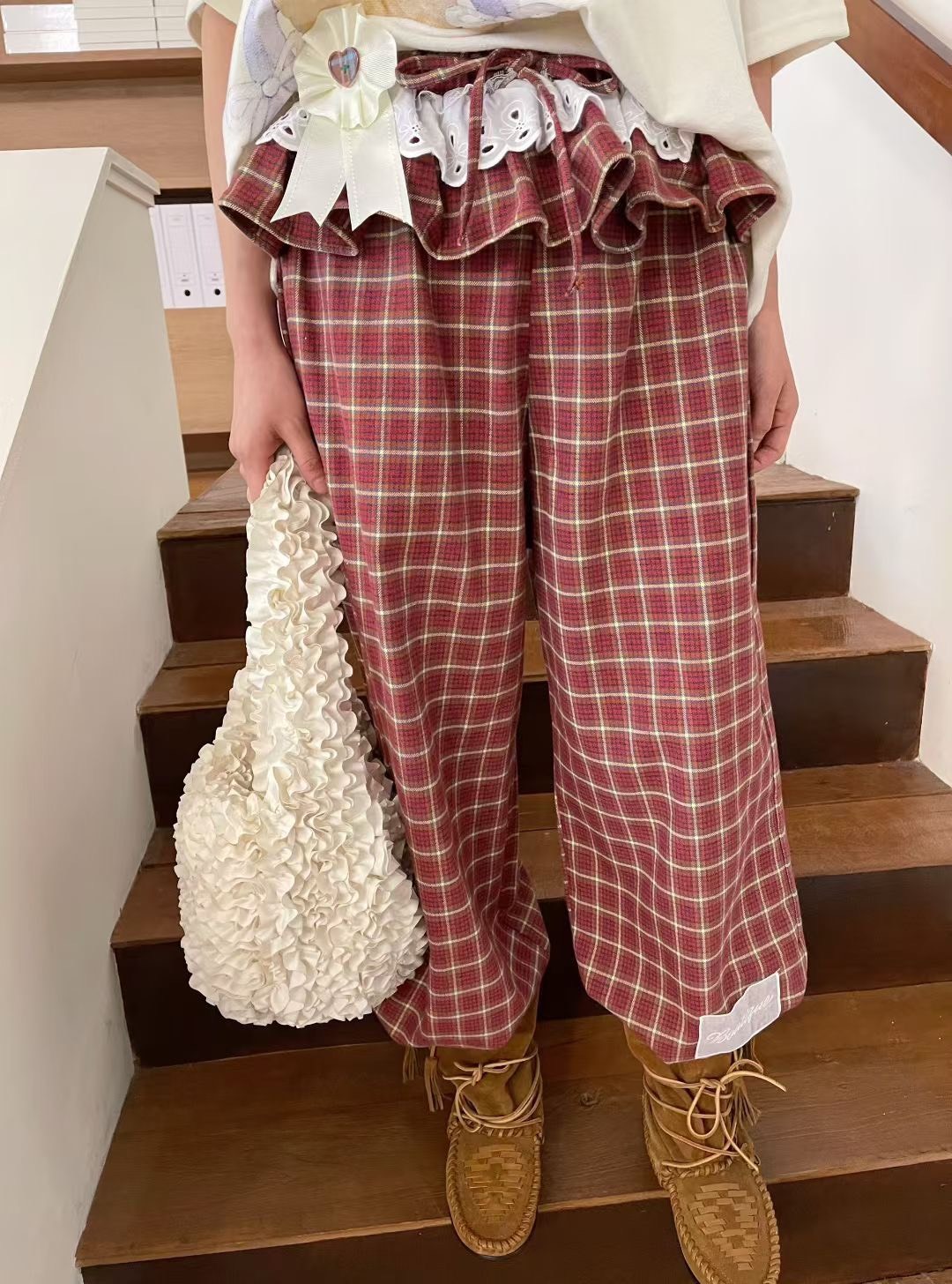 荷葉蕾絲褲頭格子褲