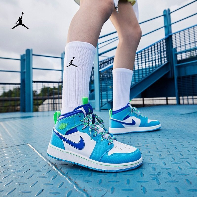 【出清特價】Nike Air Jordan 1 Mid SE GS AJ1 大童 女鞋 藍綠白 DA8010-400 23.5cm