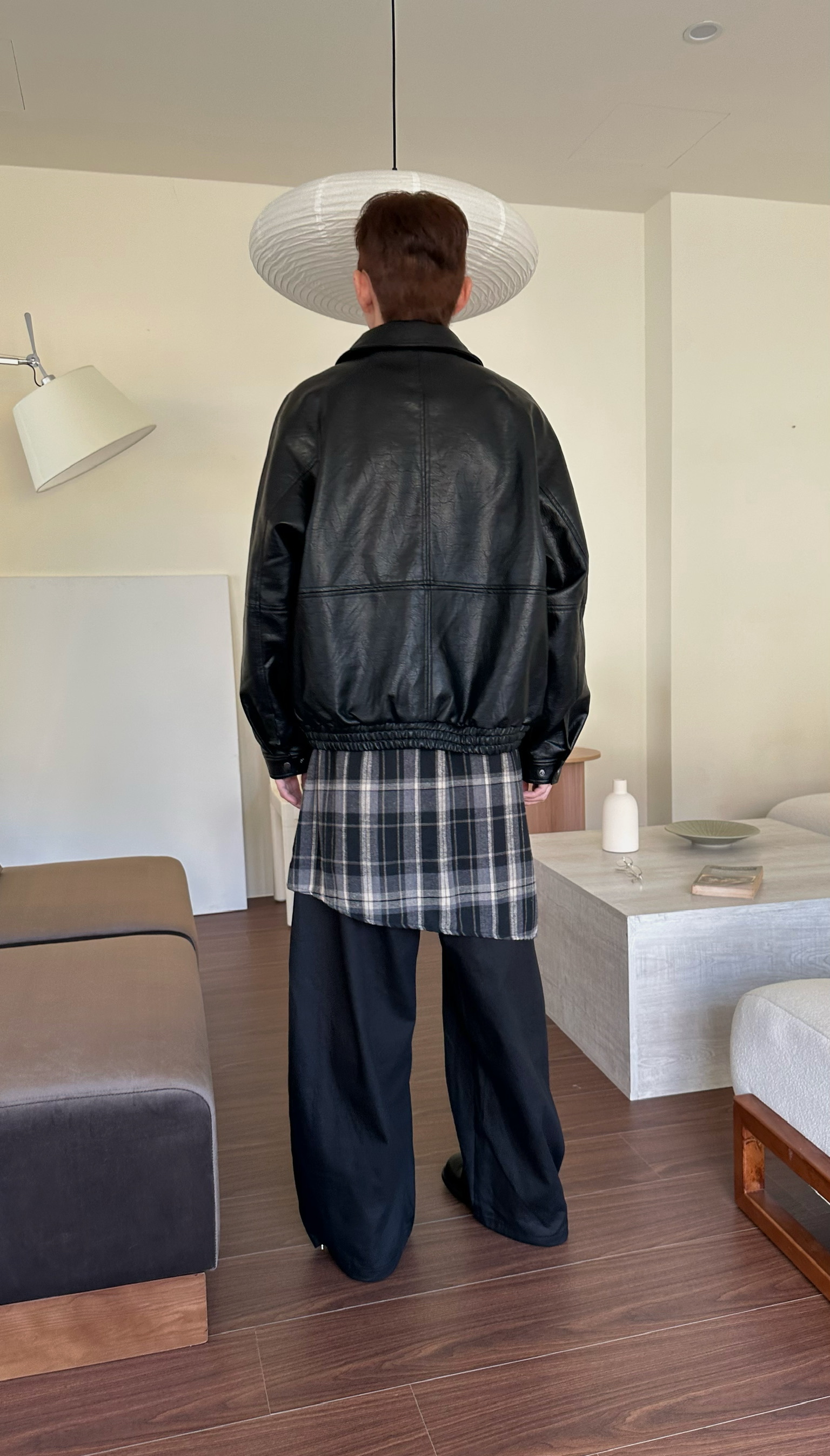 兩件式格紋拼布闊腿褲