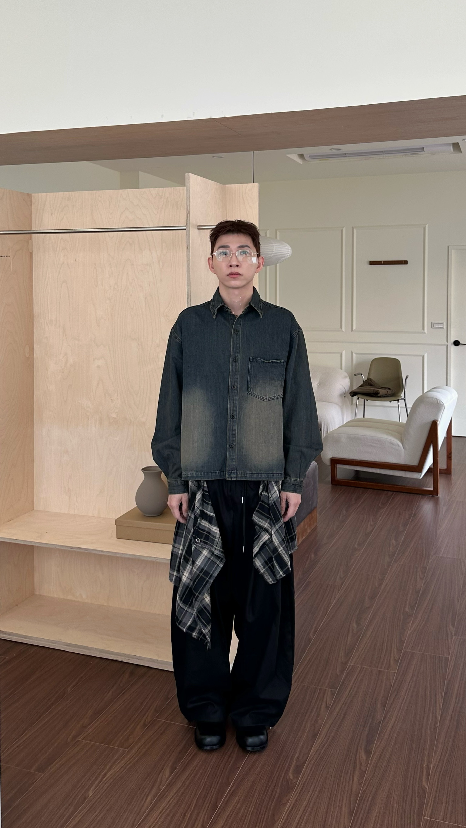 兩件式格紋拼布闊腿褲