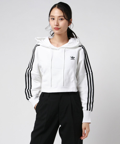 【出清特價】Adidas 女款短版連帽長袖上衣 純棉 白色 M號 ED7555