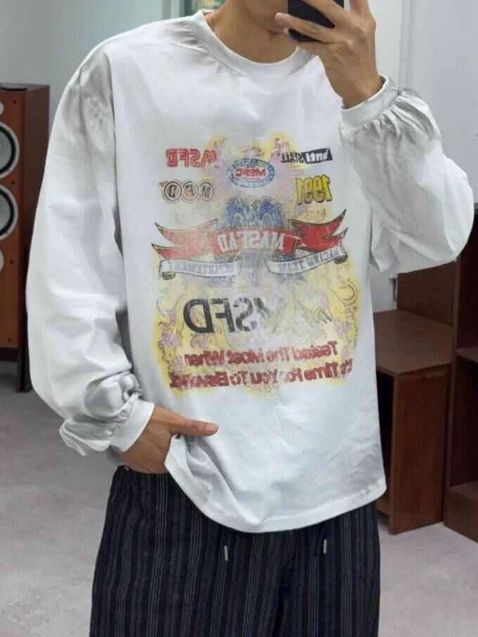 仿污英文字圖案長袖衫 TAC-0289T