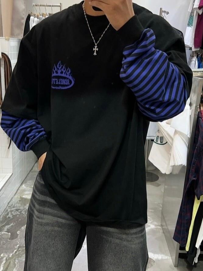 假兩件橫間英文字長袖衫 HD-012T