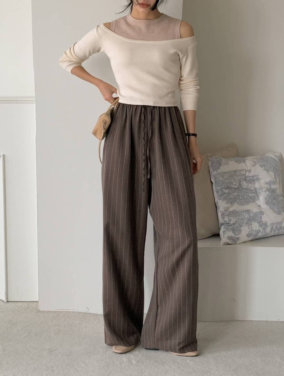 直線綁帶休閒長褲