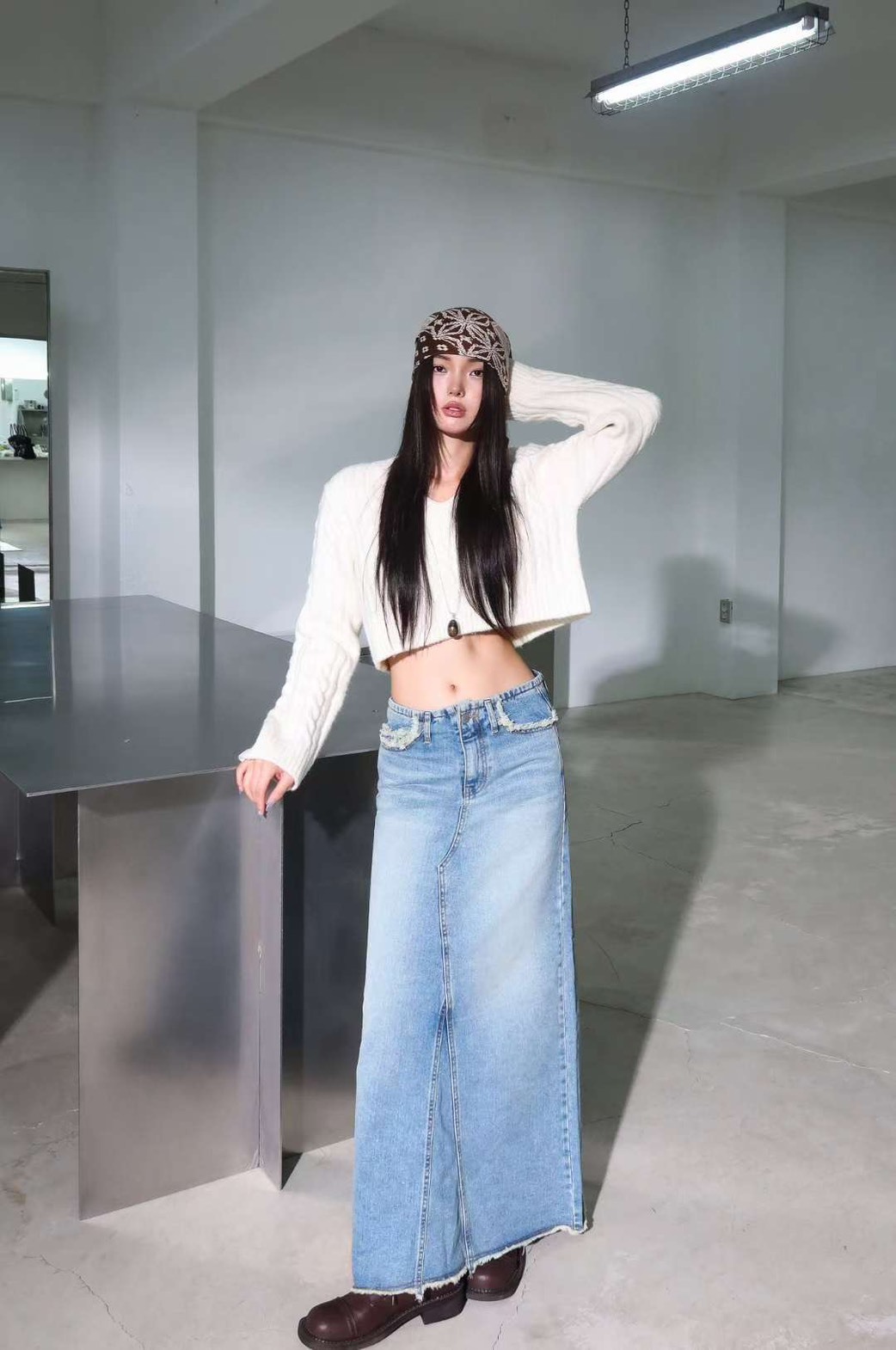 57001低腰鬚邊牛仔長裙