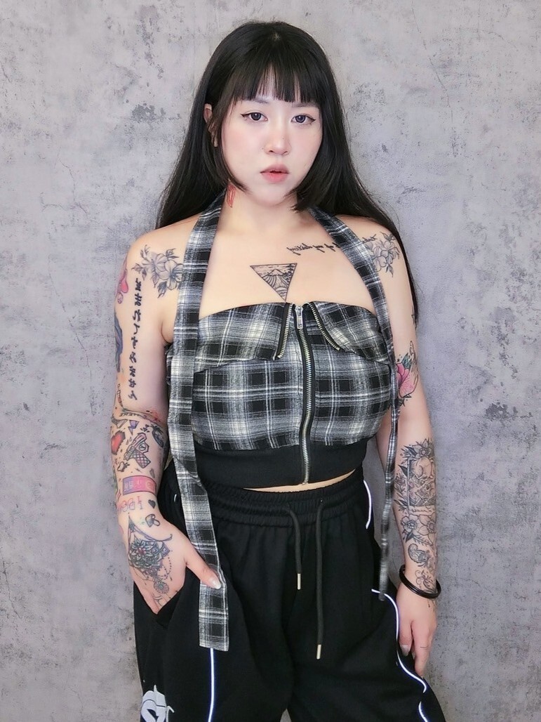 格紋翻領拉鍊抹胸*附綁帶