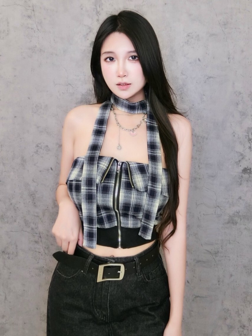 格紋翻領拉鍊抹胸*附綁帶