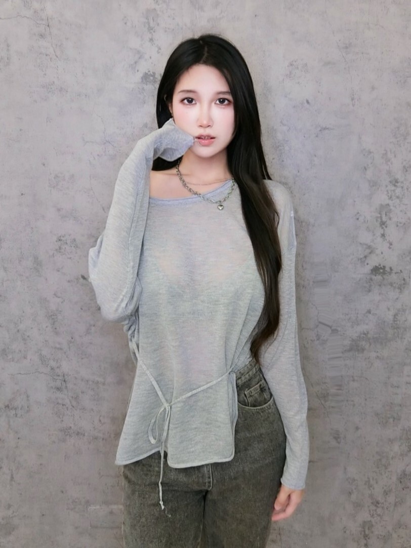 慵懶透膚腰綁帶長袖上衣