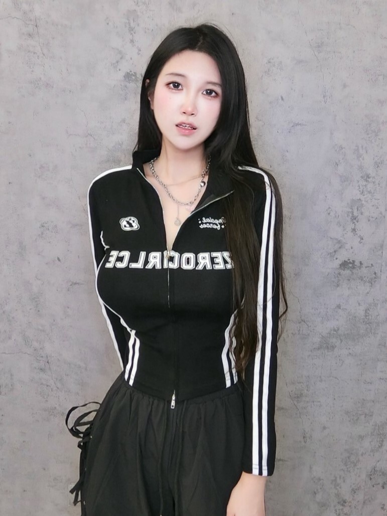 美式辣妹邊條拉鏈上衣