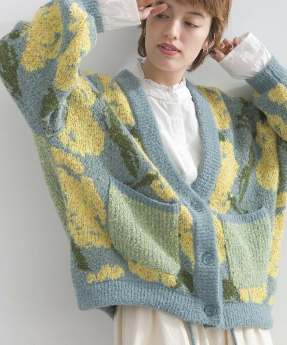 提花針織粗圈紗大花圖案繭型外套（四色入）【日本直送】
