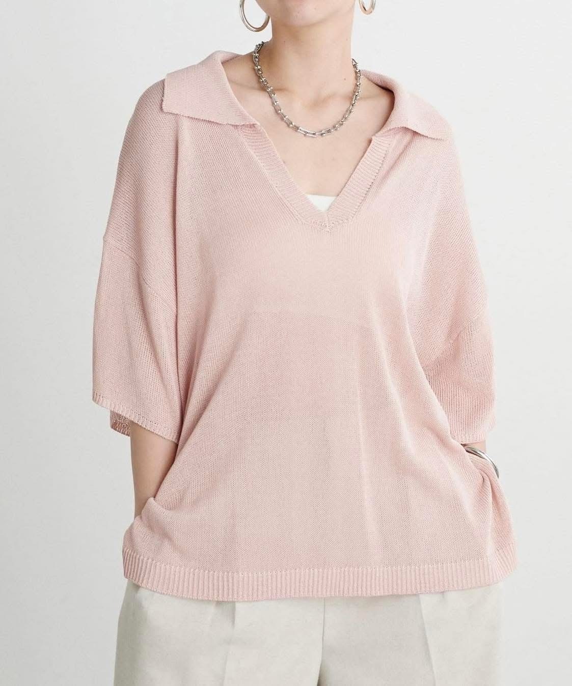 LARUTA(ラルータ)  スキッパー半袖ニットプルオーバー粉（3051050230）