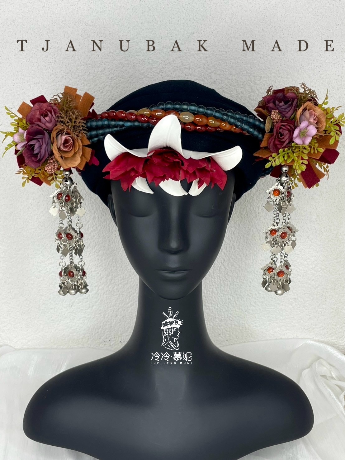 W-No.60貿易老珠藏銀配花轉珠頭飾