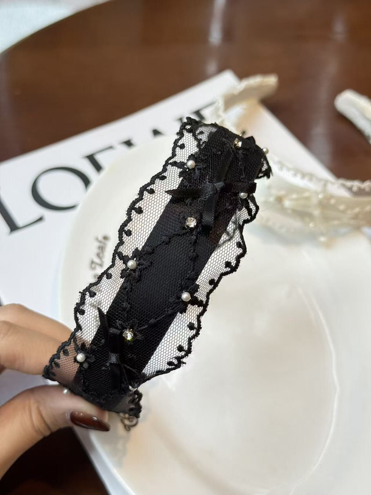 韓國飾物連線 兩色lace蝴蝶結閃石頭箍