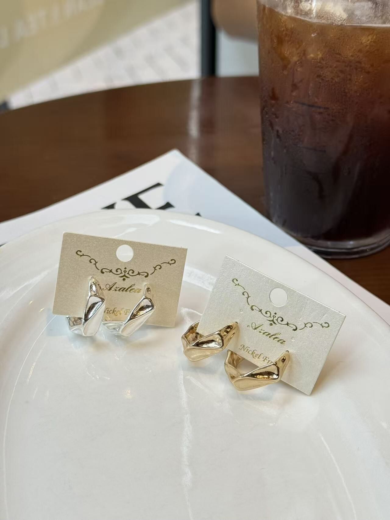 韓國飾物連線 金銀6角耳環