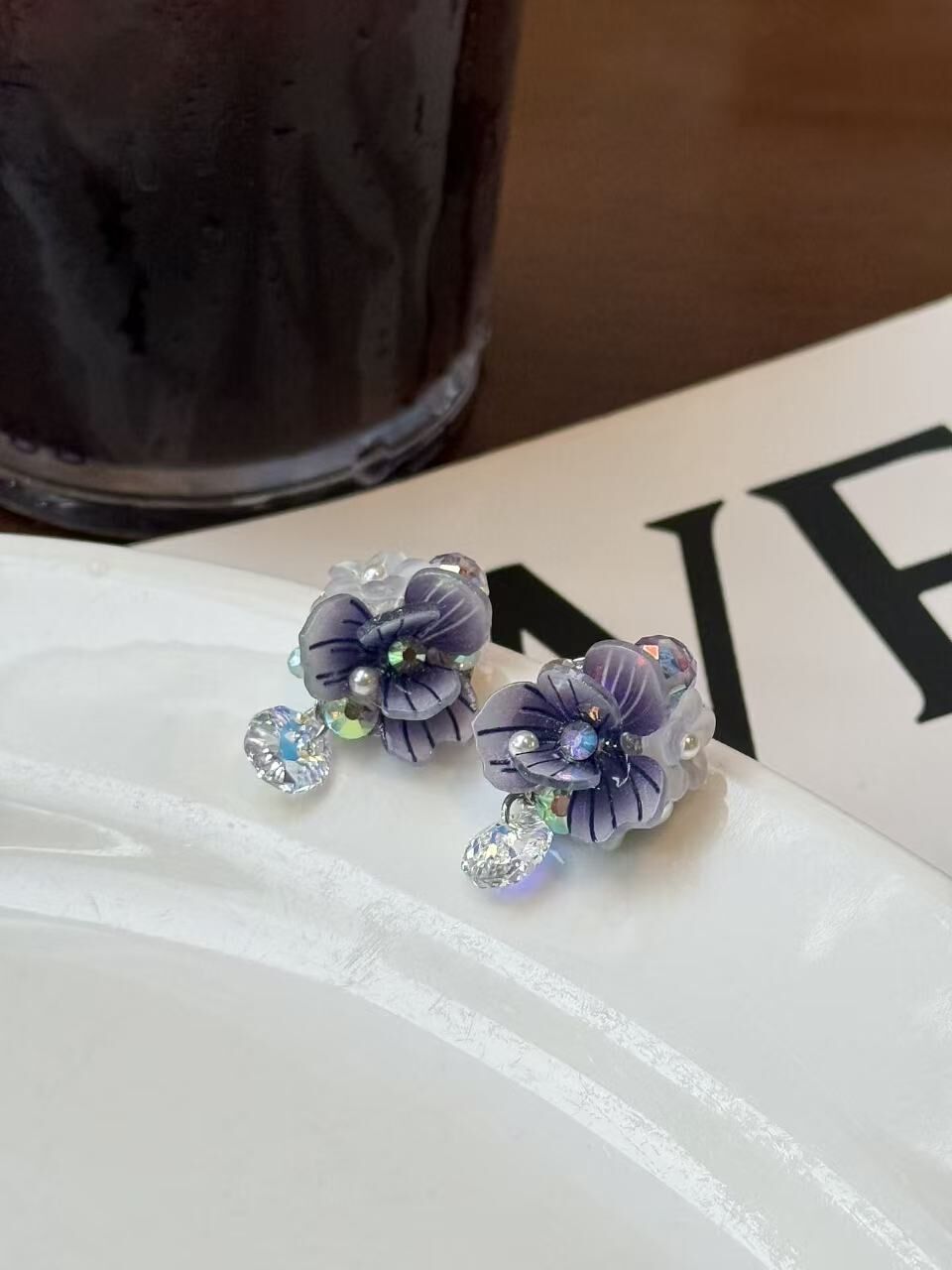 韓國飾物連線 紫色花耳環 夾