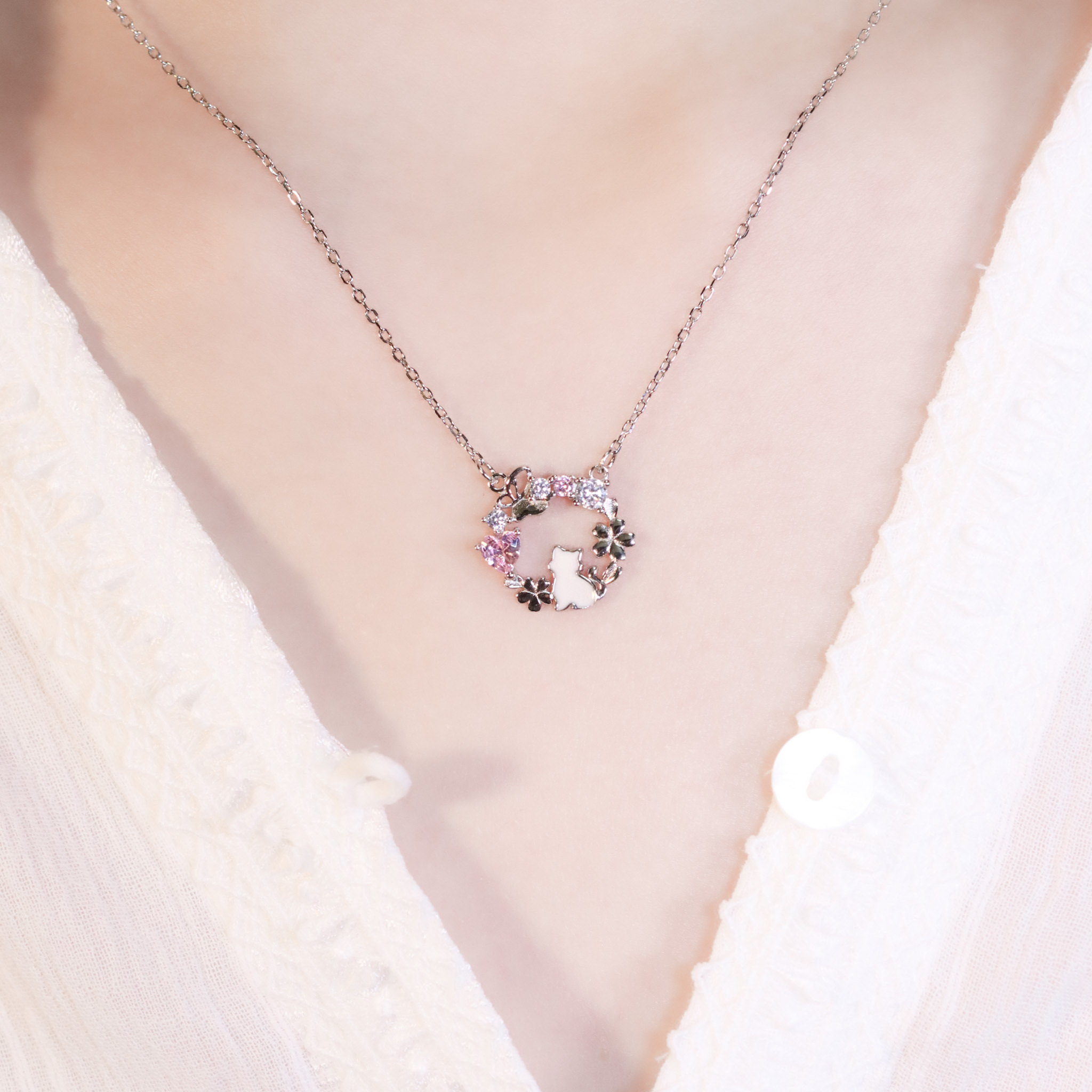 | 925純銀・白金・玫瑰金 | 花漾喵趣項鍊2.0  (銀/玫瑰金) | NE1471 |