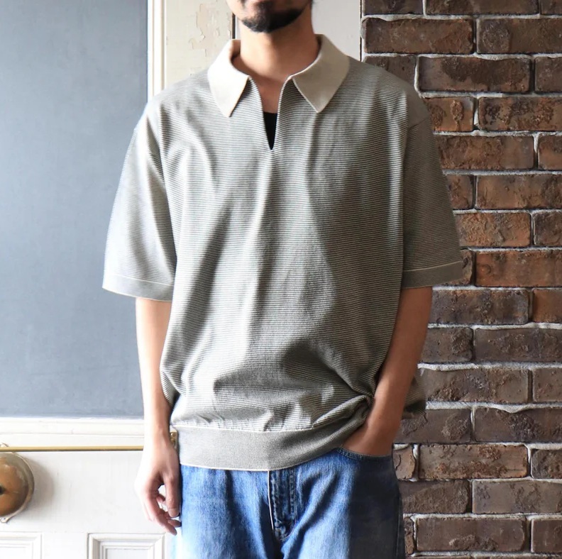 LAST PCS: A.PRESSE HIGH GAUGE S/S STRIPED SKIPPER - ECRU x GREEN SIZE 3 PRE ORDER ITEM (預訂中)