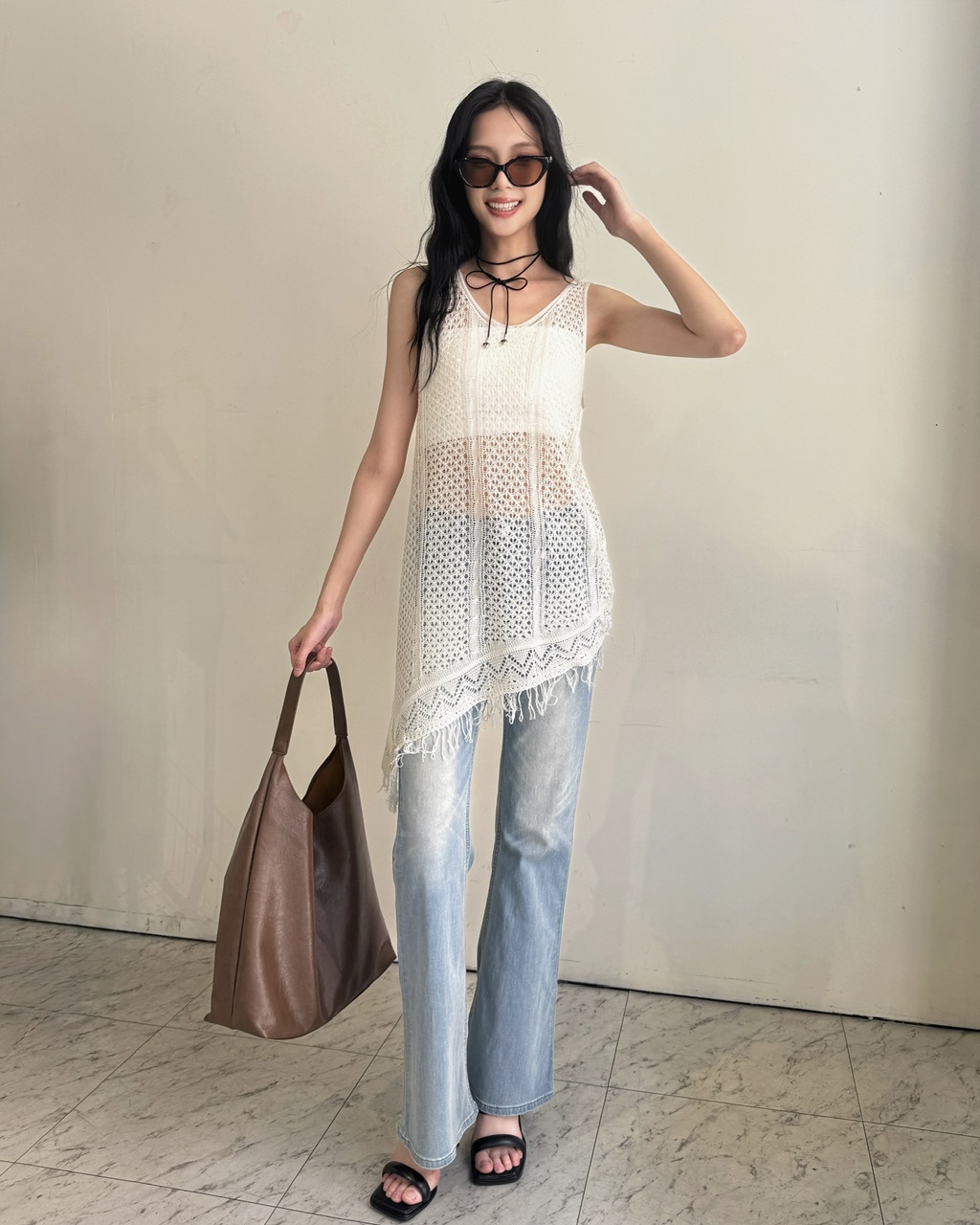 夏季度假風壓花紋背心罩衫-0775